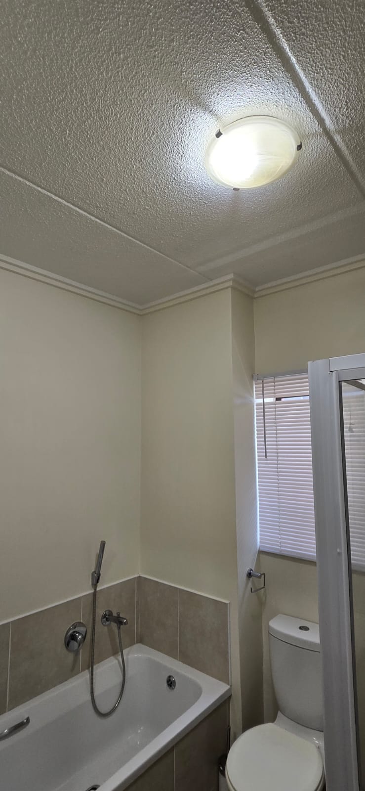 Clean bathroom after mould removal — bathtub, toilet and shower visible